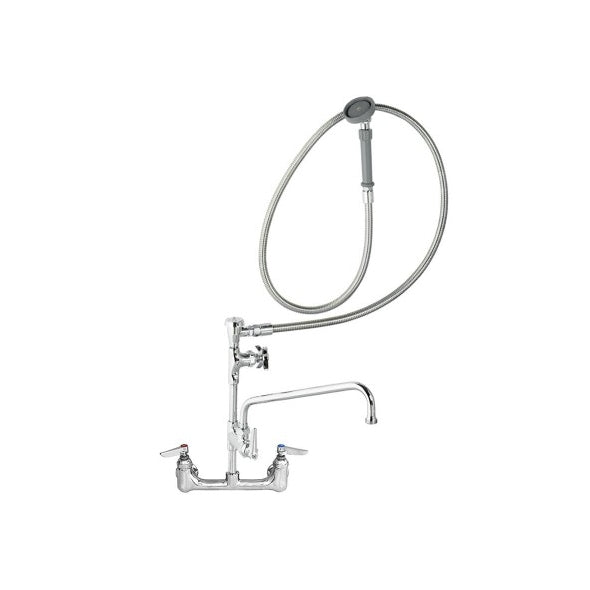 T&S 8" Wall Mount Faucet w/12" Swing Arm, Sprayer, 80" Hose-Pet's Choice Supply
