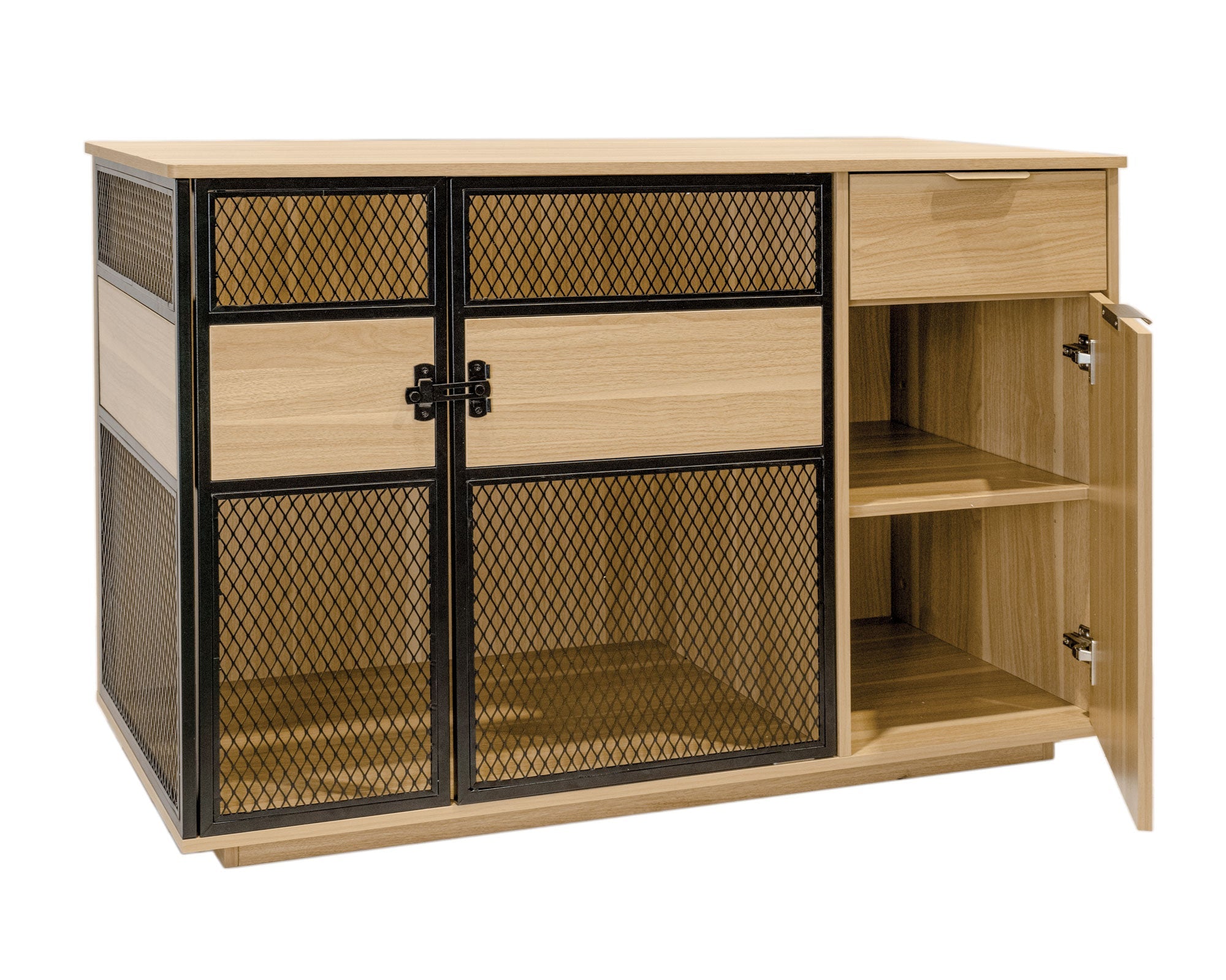 Lucky Kennels Clover Console Crate Stylish pet Furniture with Sleek Black Metal gate, enhances Airflow and Visibility, Elegant Upgrade for Living Spaces (Tae)