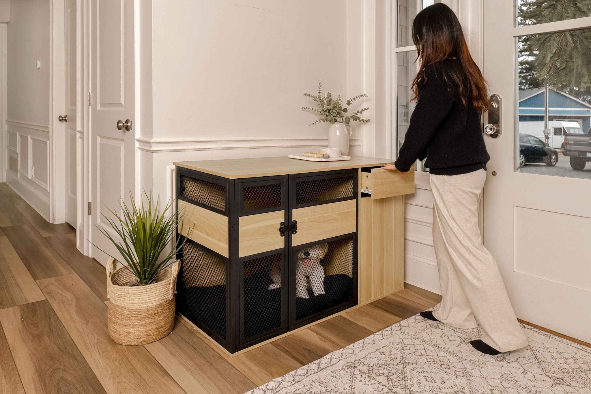 Lucky Kennels Clover Console Crate Stylish pet Furniture with Sleek Black Metal gate, enhances Airflow and Visibility, Elegant Upgrade for Living Spaces (Tae)