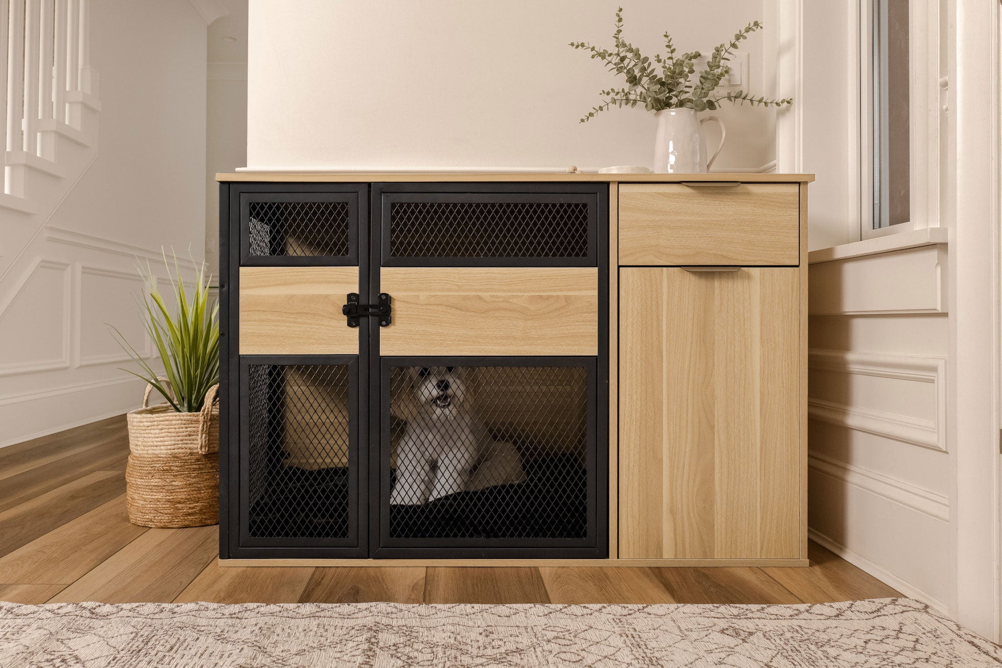 Lucky Kennels Clover Console Crate Stylish pet Furniture with Sleek Black Metal gate, enhances Airflow and Visibility, Elegant Upgrade for Living Spaces