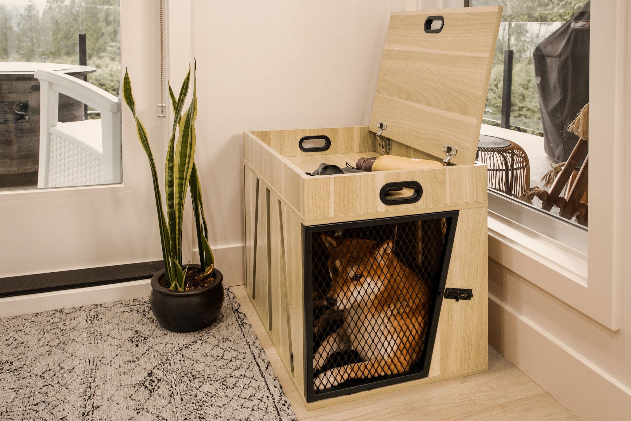 Lucky Kennels Penny Pet Crate, Modern Dog Crate, Designer Cat Crate, Geometric Wooden Pet Crate, Cozy Pet House with Storage Compartment for Leashes, Treats