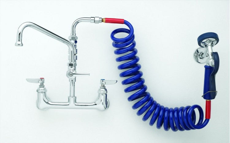 T&S 8" Wall Mount Lightweight Faucet, Coiled Hose, Swivel Arm-Pet's Choice Supply
